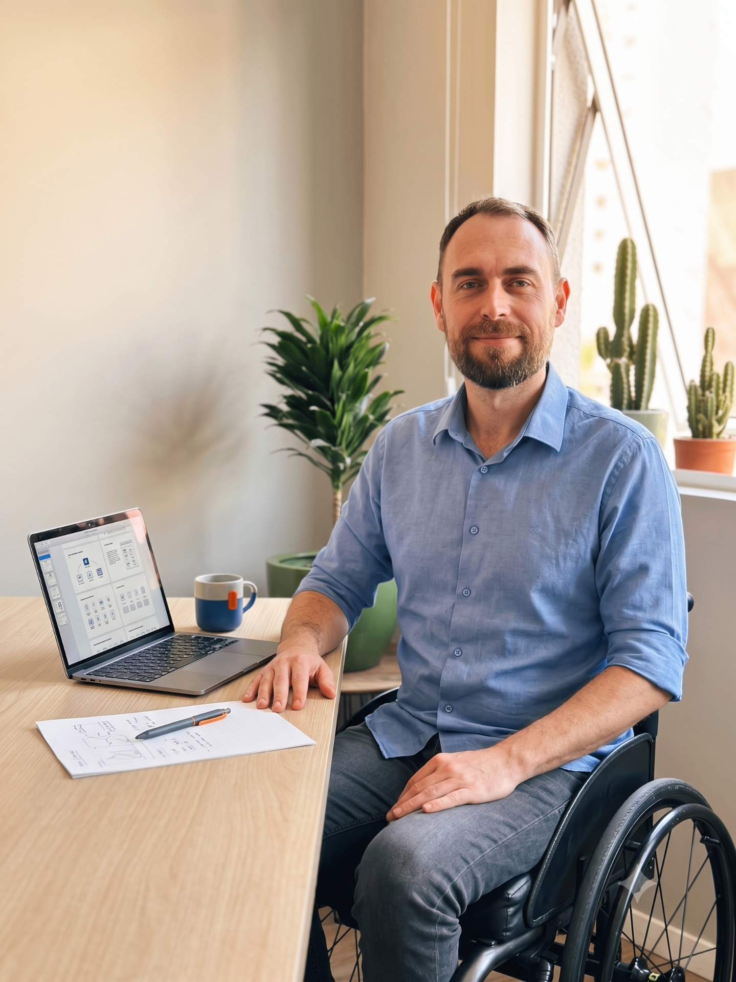 Guilherme Karatchuk, criador do Trajetos Inclusivos, sorrindo em sua cadeira de rodas ao lado de um notebook sobre uma mesa de madeira, com plantas ao fundo.